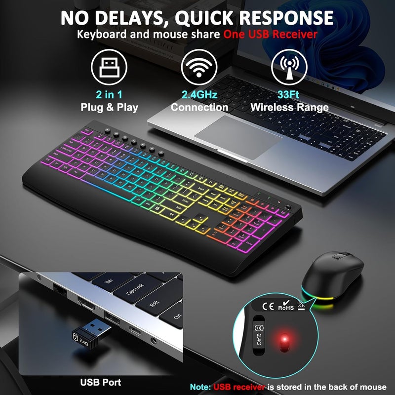 EDJO Wireless Keyboard and Mouse Combo, 9 Backlit Effects, Rechargeable 4000mAh Backlit Keyboard with Wrist Rest, 6 Button Mouse, 2.4G Full Size Quiet Keyboard Set for Computer, PC, Laptop, Mac, Windows - Image 5